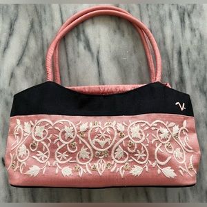 Hand-embroidered, Pink and Black Silk Handbag with Beaded Detailing